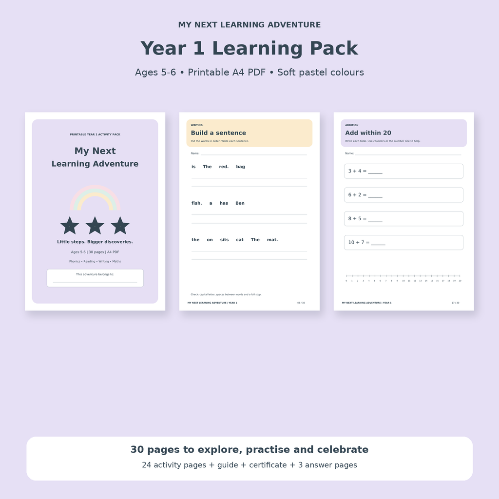 Year 1 Learning Pack | Ages 5–6 | 30-Page Printable PDF